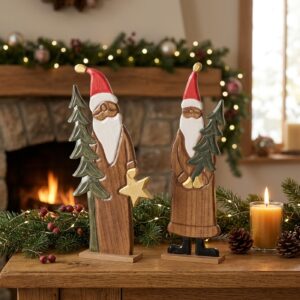 DECO-PERE-NOEL-SOCLE-BOIS-rouge-dore-ROUBAUD-JARDINERIE-13008-MARSEILLE